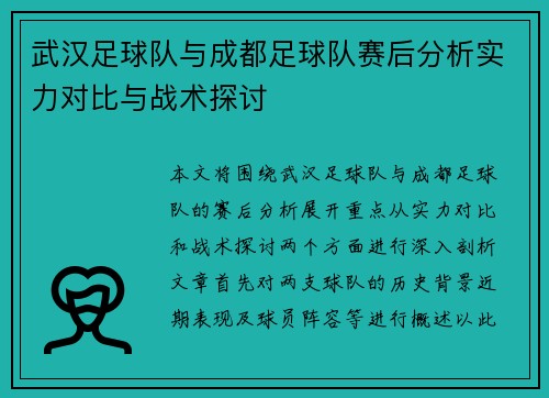 武汉足球队与成都足球队赛后分析实力对比与战术探讨